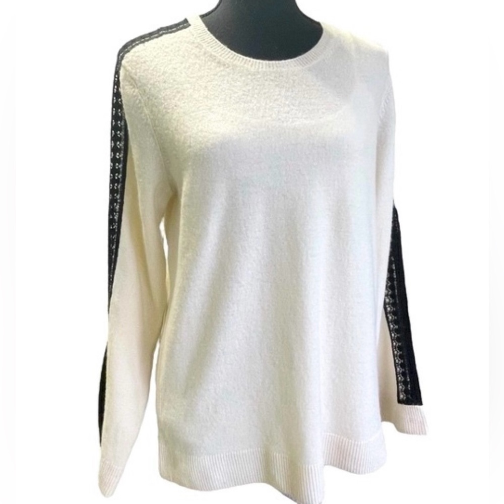 The Kooples Wool Cashmere Blend Lace Sleeve Sweater in Cream/Black Size M